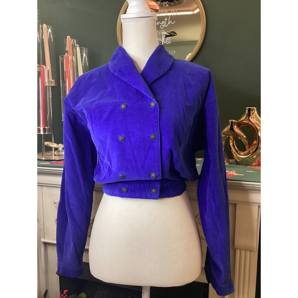 Eddie Bauer Corduroy Jacket Women M Blue Vintage Cropped Double Breast
